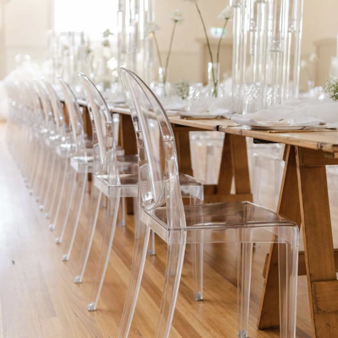 Clear Acrylic Ghost Chairs Luxe Hire LuxeHireCo